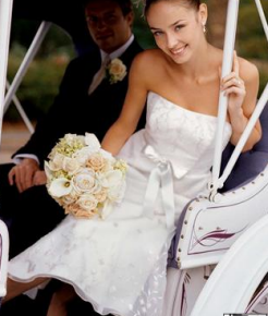 riding trishaw with tea length wedding gown